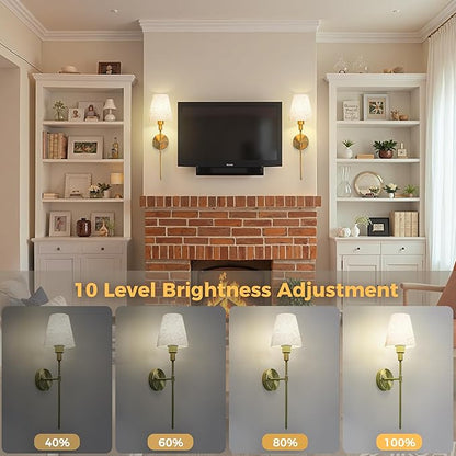 DORESshop Battery Operated Wall Sconce Set of 2, 7 Color Wireless Wall Light Easy to Install, Sconce Wall Decor Set of 2 for Bedroom, Living Room, Fabric Linen Shade, Gold, 24.6in