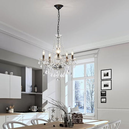 WUZUPS Crystal 5-Light Candle Chandelier Pendant Flushmount Ceiling Light Modern Lighting Fixture for Bedroom Hallway Bar Kitchen Bathroom, H 25" x W 20", Black, E12 Base