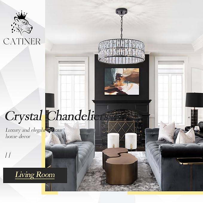 CATINER Black Crystal Chandelier 6-Lights Crystal Pendant Light Large 18 Inches Drum Semi Flush Mount Ceiling Lights for Dining Room Living Room Kitchen Closet