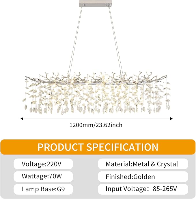 Modern Crystal Tree Branches Chandelier, 47.5in Silver 14 Lights Large Ceiling Hanging Light for Dining Room, Rectangle Raindrop Pendant Light Fixture