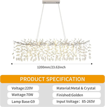 Modern Crystal Tree Branches Chandelier, 47.5in Silver 14 Lights Large Ceiling Hanging Light for Dining Room, Rectangle Raindrop Pendant Light Fixture