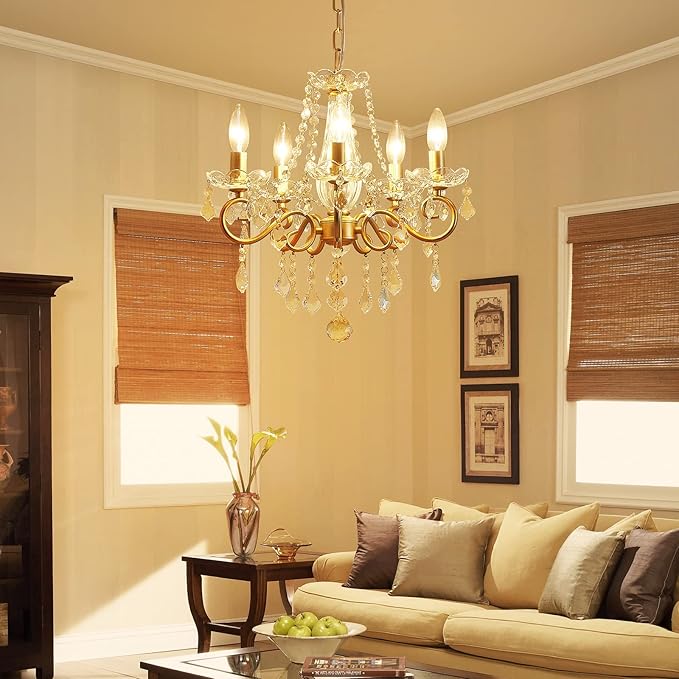 Mini Crystal Chandelier, Golden Crystal Lighting,5-Light Modern Chandelier for Living Room Kitchen Island Entryway Bedroom
