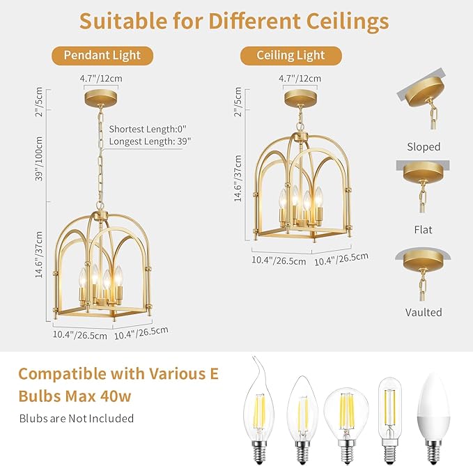 4-Light Gold Chandelier, Modern Farmhouse Lantern Chandelier with Rustic Cage Hanging Pendant Light Fixture for Kitchen Island Bedroom Living Room Entryway Foyer, Dining Room Light Fixtures Over Table
