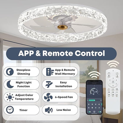 Fszdorj 20'' Ceiling Fan with Light, Upgraded Low Profile Fan, Flush Mount Ceiling Fan, 6 Speeds, Dimmable LED, App & Remote Control, Quiet DC Motor, for Bedroom, Living Room, F098 White
