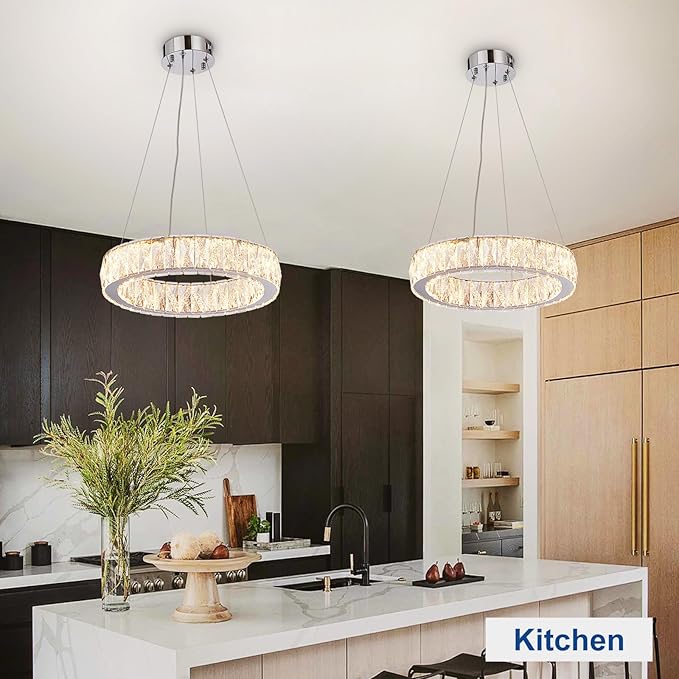 Depuley Modern LED Crystal Chandeliers: 15.7" Ring Chandelier Hanging Crystal Ceiling Light Fixture - 24W Adjustable Height Pendant Light for Living Room Dining Room Bedroom Foyer