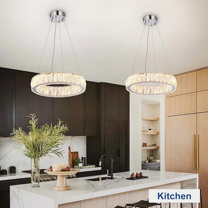 Depuley Modern LED Crystal Chandeliers: 15.7" Ring Chandelier Hanging Crystal Ceiling Light Fixture - 24W Adjustable Height Pendant Light for Living Room Dining Room Bedroom Foyer