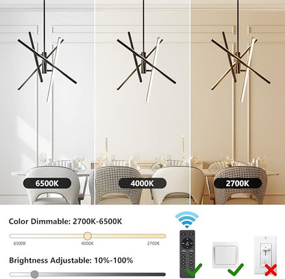 Modern Black Chandelier Light Fixtures: LED 4-Light Sputnik Dining Room Chandeliers Linear Pendant Lights Fixture Over Table Dimmable with Remote for Kitchen Island Living Room