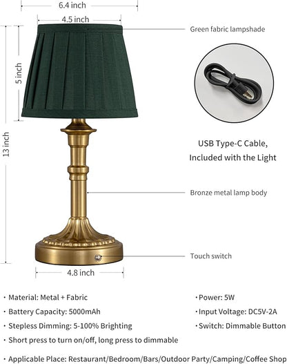 KDG Cordless Portables Table Lamp Set of 2, LED Fabric Shade Small Desk Lamps, 5000mAh Battery Powered Lighting, 2700K Stepless Dimmable Light for Living Room, Dining Room, Bedroom (Gold+Green)