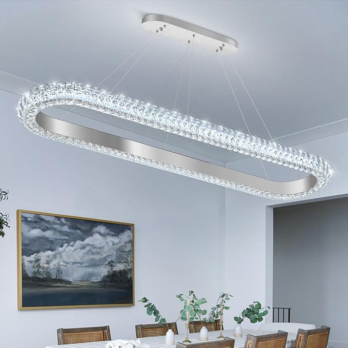 47'' Oval Ring Crystal Chandelier Modern LED Dimmable Ring Pendant Light Chandelier for Dining Room Living Room Silver