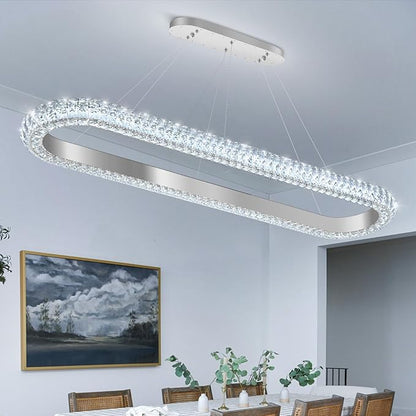 47'' Oval Ring Crystal Chandelier Modern LED Dimmable Ring Pendant Light Chandelier for Dining Room Living Room Silver