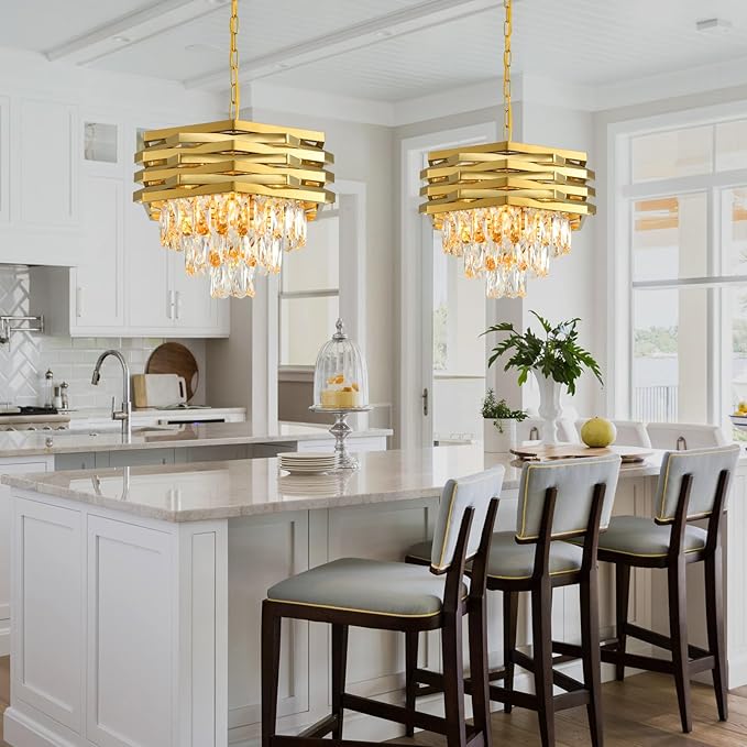 Gold Crystal Chandelier 15.7" Round Modern Crystal Chandeliers for Dining Room K9 3-Tiers Ceiling Pendant Light Fixtures Large Flush Mount Chandelier for Living Room Entryway Foyer Bedroom Kitchen