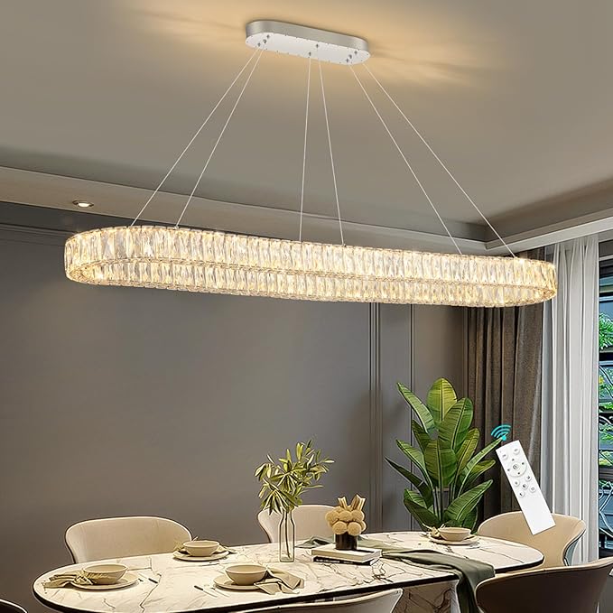 HAIXIANG Crystal 59 Inch Long Chandelier Modern Dimmable LED Chandeliers for Dining Table Pendant Lights Rectangular Glam Lighting Fixtures for Dining Room Kitchen Island Silver