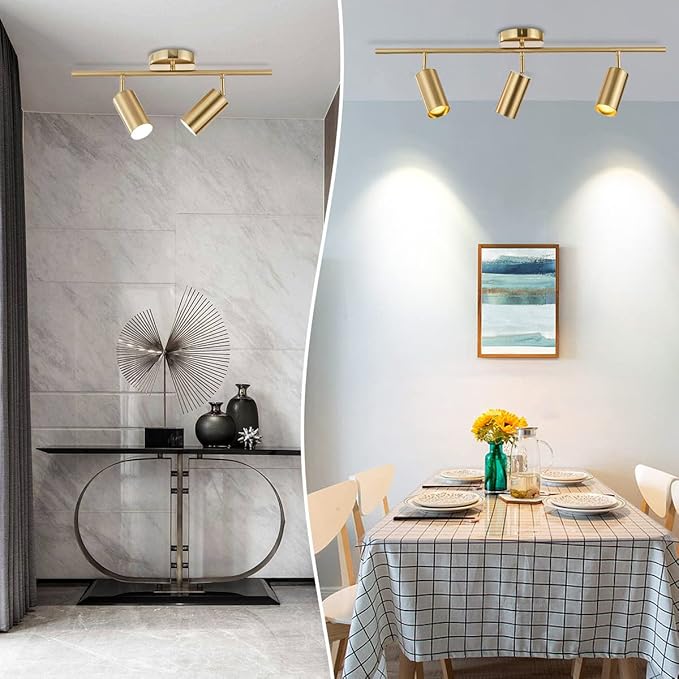 BOKT Gold Flush Mount Tracking Light Kit 3 Light Wall Decorative Lamp Modern Close to Ceiling Light Adjustable Track Lighting for Kitchen Island Living Room Bedroom
