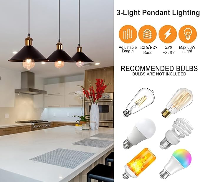 FIRVRE 3-Light Industrial Pendant Light Fixture, Adjustable Metal Hanging Lamp, Vintage Pendant Lighting for Kitchen,Restaurant,Dining Room,Cafe(Bulb Not Included)