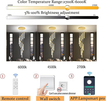 118'' Modern Glam Crystal Column Chandelier for High Ceiling LED Dimmable Pendant Light Staircase Foyer Enterway Living Room Ceiling Chandelier Lighting Gold 12 Lights