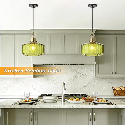 11.8in Mid Century Modern Green Glass Pendant Light Fixture, Large Gold Kitchen Island Pendants Light Glass Ceiling Hanging Lamp for Foyer Dining Room Bedroom Entryway Hallway Over Sink