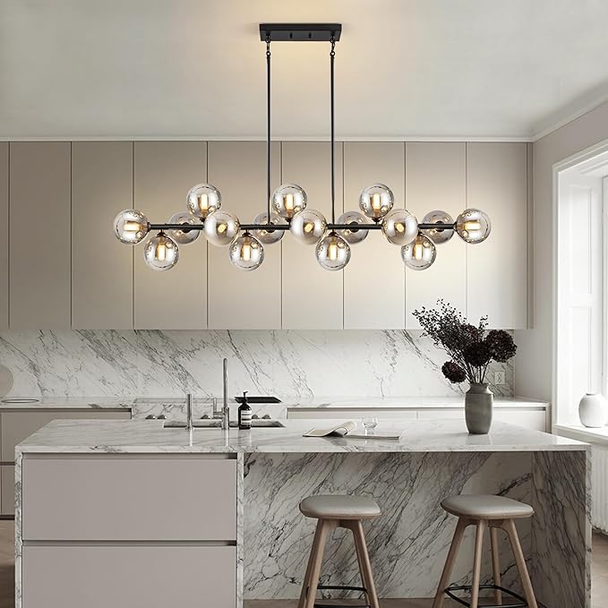 Chandelier,16-Light Black Linear Chandeliers for Dining Room Light 55inch Modern Linear Sputnik Chandelier Large Pendant Lights Kitchen Island Bubble Smoke Gray Glass Globe Kitchen Island Chandelier