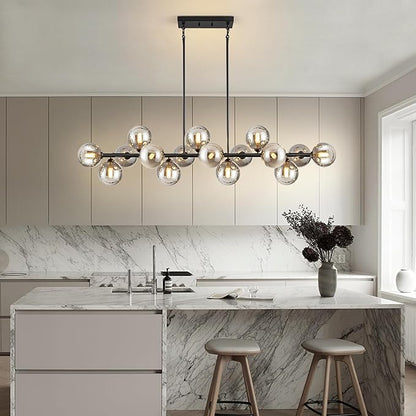 Chandelier,16-Light Black Linear Chandeliers for Dining Room Light 55inch Modern Linear Sputnik Chandelier Large Pendant Lights Kitchen Island Bubble Smoke Gray Glass Globe Kitchen Island Chandelier