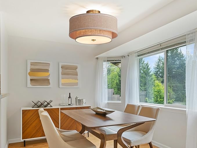Shrine Lighting Double Drum Ceiling Light, Perfect Drum Light Fixture for Dining Room, D16'' x H7'', E12*3 Sockets, Beige Linen Fabric Lampshade & Gold Rod