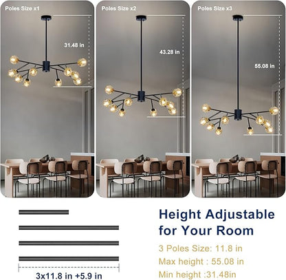 Depuley Chandelier Ceiling Light Fixture: 12-Light Modern Sputnik Chandelier for Dining Room - Height Adjustable Mid Century Black Crystal Chandelier for Bedroom Living Room (Included G9 Bulbs)