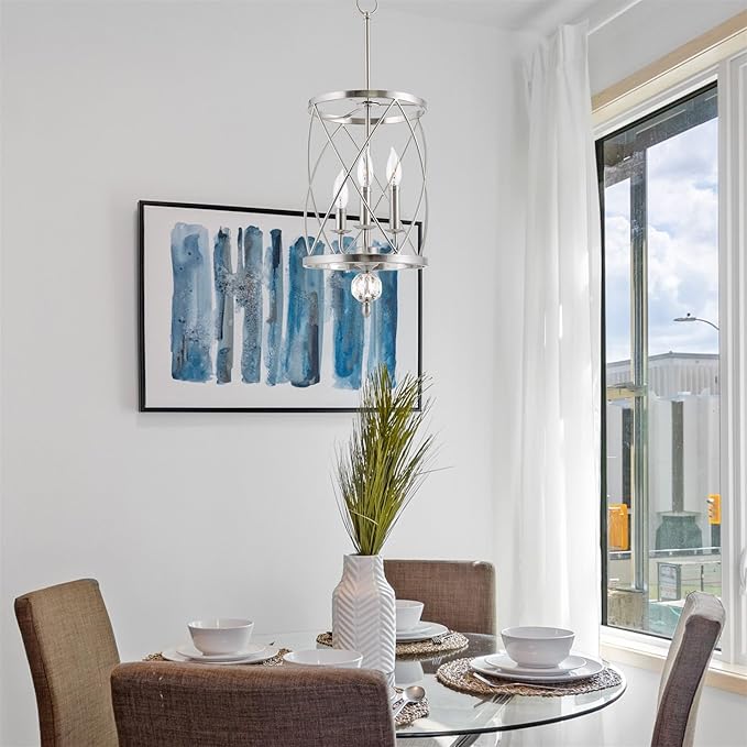 Kira Home Eleanor 27" Modern 3-Light Geometric Lantern Chandelier, Cylinder Trellis Cage Pendant Light with Crystal Finial, Brushed Nickel Finish