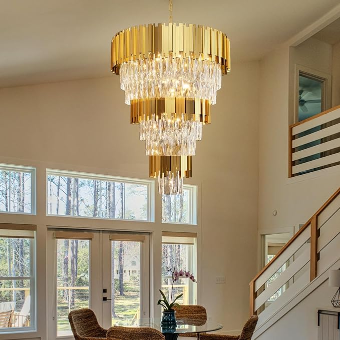 Modern Tier Crystal Chandelier for High Ceiling Luxury 8-Tier Round Chandeliers 11-Light Large Gold Crystal Chandelier for Entryway Adjustable Height D24in