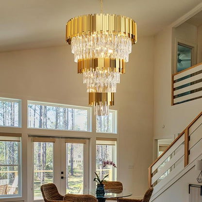 Modern Tier Crystal Chandelier for High Ceiling Luxury 8-Tier Round Chandeliers 11-Light Large Gold Crystal Chandelier for Entryway Adjustable Height D24in