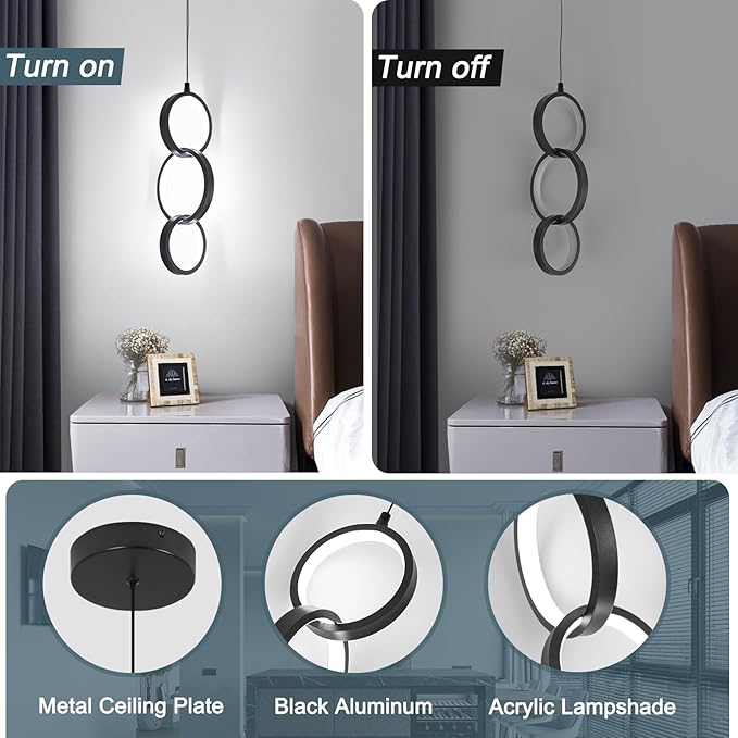 6000K Modern Led Pendant Light Fixture, 18W Black Spiral Led Pendant Lamp Chandelier Hanging Lamp,Adjustable Height Pendant Lights for Kitchen Dining Room Bedroom Kitchen Island, 1 Pack