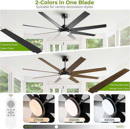 72 Inch Ceiling Fan with Light and Remote Smart App, 8-Blade Large Ceiling Fan for Living Room Patio, Quiet DC Motor Natural Breeze Circulation, Wobble-Free Heavy Duty, 3CCT Dimmable, Black Modern Fan