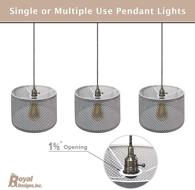 Royal Designs, Inc. Hanging Pendant Lighting, Vintage-Style Keyless Uno Threaded Dimmable Pendant Light Socket and Canopy, Antique Brass with Brown Rayon Fabric Cord