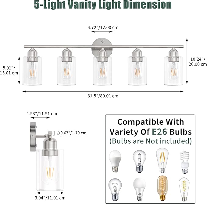 Bathroom Vanity Light Fixtures Brushed Nickel Bathroom Lighting Fixture, 5 Lights Bathroom Light Fixture Over Mirror, Modern Black Vanity Light, Wall Sconces with Glass Shades