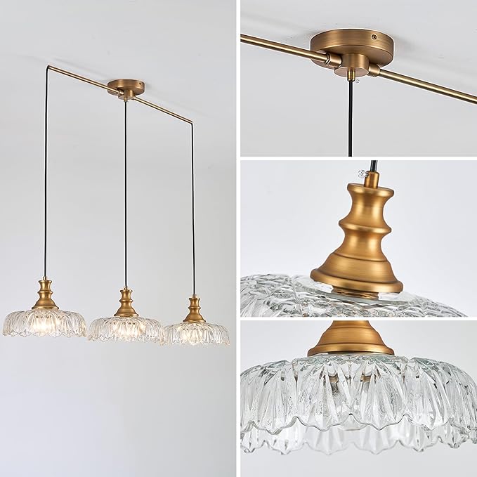 HDDFL Vintage Pendant Lighting Fixtures Modern Glass Hanging Lamp with Adjustable Cord for Kitchen Island Dining Room Hallway 3 Light Brass and Clear