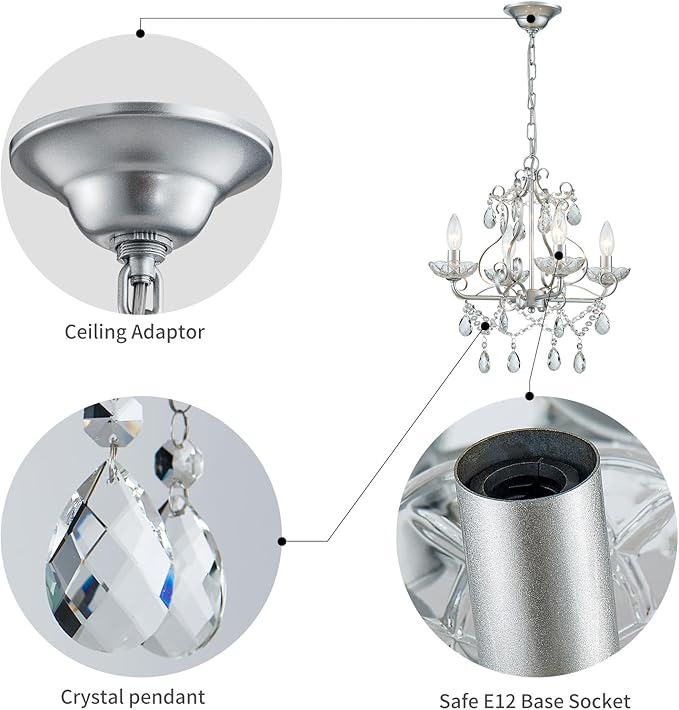 WUZUPS Crystal Candle Chandelier Pendant Flushmount Ceiling Light Modern Lighting Fixture for Bedroom Hallway Bar Kitchen Bathroom, H 14" x W 16", Silver, E12 Base