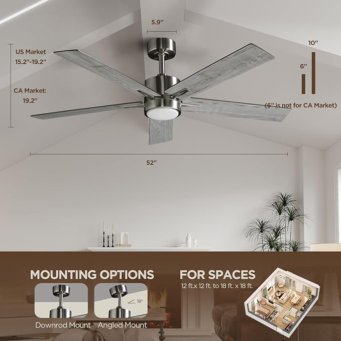 52 Inch Ceiling Fan Brushed Nickel Remote Controlled Dimmable Light Combo - Quiet Reversible - 5 Grey Blades