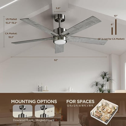 52 Inch Ceiling Fan Brushed Nickel Remote Controlled Dimmable Light Combo - Quiet Reversible - 5 Grey Blades