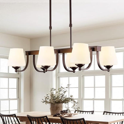 Dining Room Light Fixture Chandelier Over Table,6 Light Kitchen Island Lighting Hanging for Farmhouse Linear Chandeliers Oil Rubbed Bronze Rustic Ceiling Pendant Light with Frosted Glass Shade