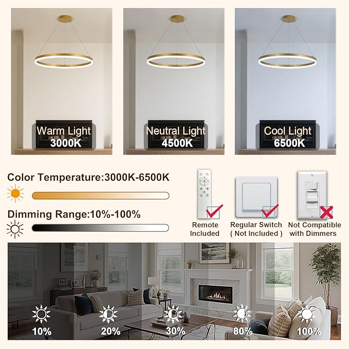 Modern LED Chandelier Gold High Ceiling Ring Chandeliers with Remote Control Circular Pendant Light Dimmable for Dining Room Living Room Bedroom Hallway Kitchen Island(3000K-6500K D23.6)