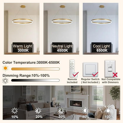 Modern LED Chandelier Gold High Ceiling Ring Chandeliers with Remote Control Circular Pendant Light Dimmable for Dining Room Living Room Bedroom Hallway Kitchen Island(3000K-6500K D23.6)