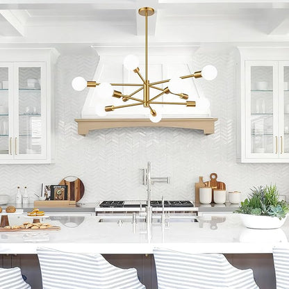 Sputnik Chandeliers Dining Room Light Fixture (10-Light, 32-Inch), Modern Brushed Gold Chandelier, Height Adjustable Mid Century Modern Chandeliers for Bedroom Kitchen Entryway (Bulbs Not Included)