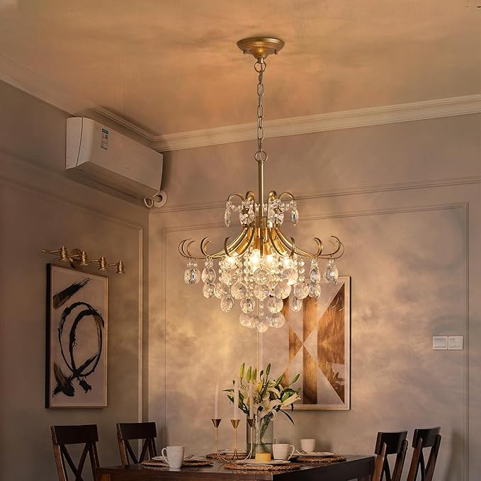 Gold Crystal Chandeliers for Dining Room, 4-Light Modern Crystal Light Fixture, Living Room Bedroom Pendant Ceiling Lamp, Luxury Hanging Light, H 17.7'' x W 18.1''