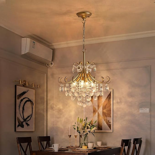 Gold Crystal Chandeliers for Dining Room, 4-Light Modern Crystal Light Fixture, Living Room Bedroom Pendant Ceiling Lamp, Luxury Hanging Light, H 17.7'' x W 18.1''