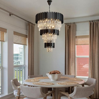 Large 8-Tier Crystal Chandeliers, 24in Black Crystal Chandelier, Luxury Round Adjustable Height Chandelier Lighting Fixture for High Ceiling, Entryway, Foyer