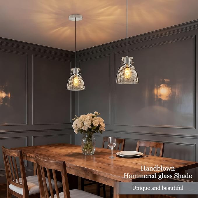 Brushed Nickel Pendant Lights Kitchen Island 2 Pack, 5.9“ Mini Hammered Glass Pendant Light Fixtures, Adjustable Modern Hanging Lights Kitchen Pendant Lighting over Island Sink Bathroom Dining Room