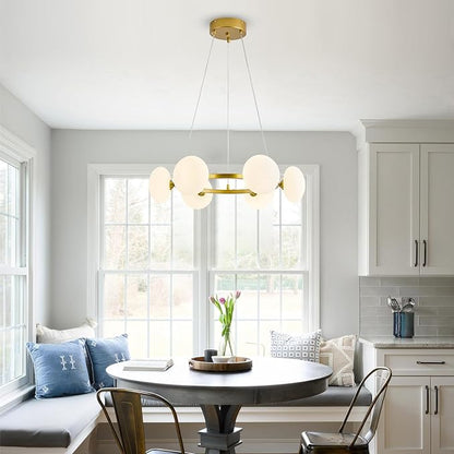 Modern Gold Chandelier, Mid Century Wagon Wheel Chandelier, 6-Light Globe Dining Room Light Fixture with Milk Glass Shades