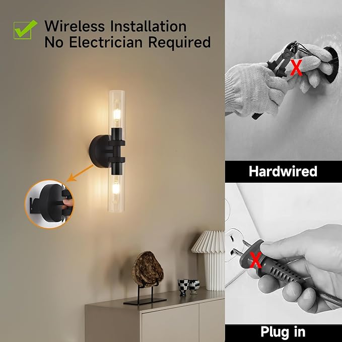 Battery Operated Wall Sconces Set of 2, 330° Rotation 3000K-6000K Dimmable Wireless Wall Sconce with Clear Glass Black 10400mAh USB Rechargeable Wall Lights with Remote Bulbs Included 2 Pack