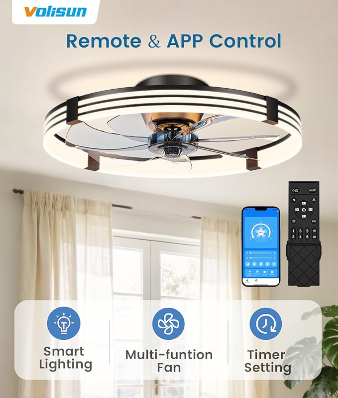 VOLISUN Low Profile Ceiling Fans with Lights and Remote, 24in Flush Mount Ceiling Fan with Light, 3000K-6500K Dimmable Fandelier LED Fan Light, Black Bladeless Ceiling Fans with Lights for Bedroom