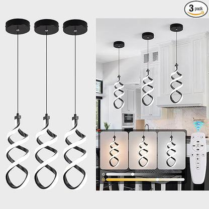 EIDISUNY 3 Pack Pendant Light Fixture, 15W Black Spiral Led Chandelier Hanging Lamp, 3000K-6000K, Dimmable Pendant Lamp, Adjustable Height Pendant Light for Kitchen Island Dining Room Bedroom Cafe