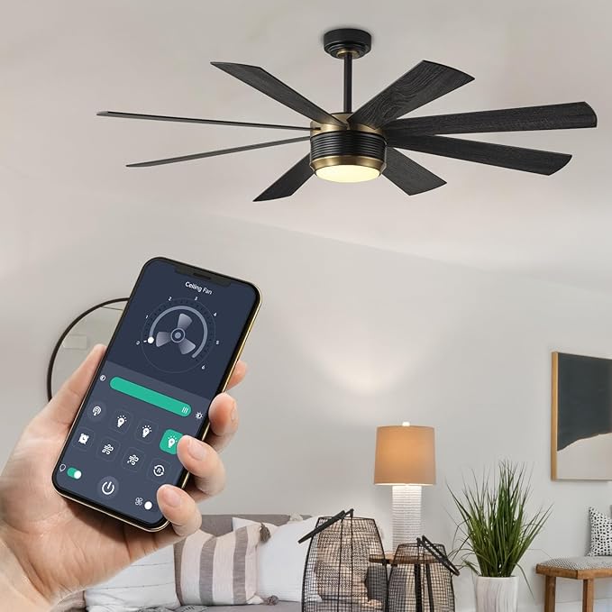 SHOWDI Ceiling Fan with Lights and Remote Control, 8 Blade App Commercial Industrial Reversible Stepless Brightness and Color Temperature Ceiling Fan with Light (Black-gold, 60 Inch)