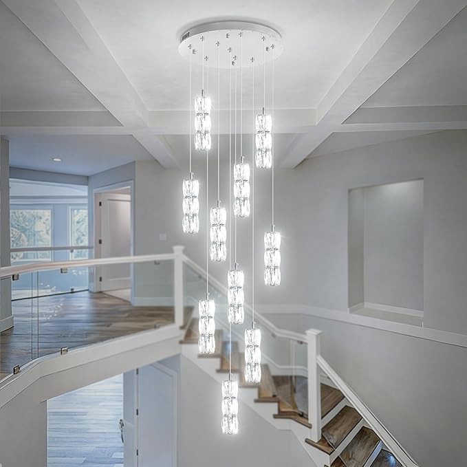 ykolupty Long Staircase Crystal Pendant Chandeliers 10-Lights Silver Column Crystal Chandeliers Foyer Entrance High Ceiling Hanging Chandelier 2700-6000k Dimmable Fixtures LED Big Chandeliers