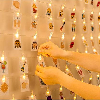 HXWEIYE 50LEDs Photo String Light, Warm White 16.4Ft Battery Powered Fairy Light with 52 Clear Clips & 10 Hooks on Wall for Hanging Picture Dorm Bedroom Party